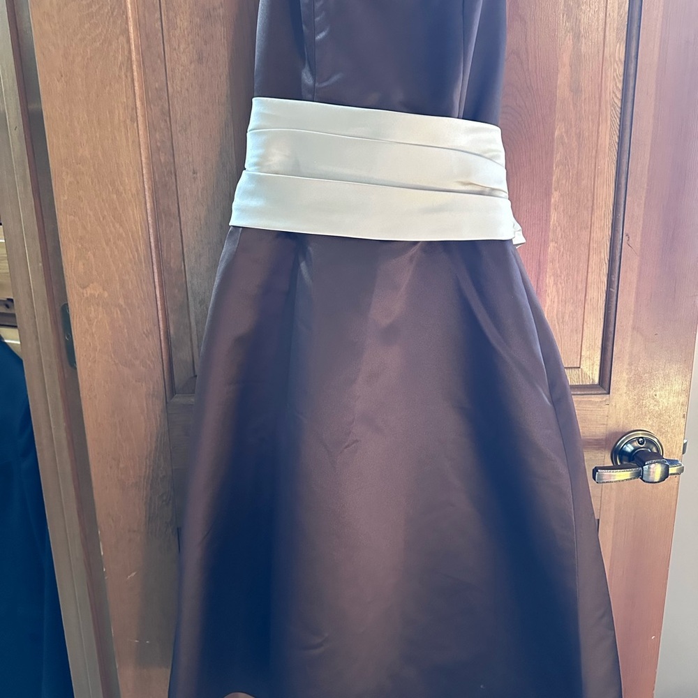 Elegant Brown Dress with Cream Sash